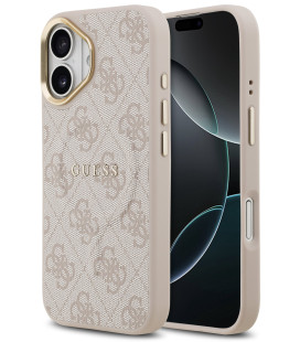 Rožinis dėklas Apple iPhone 17 telefonui "Guess PU Leather 4G Gold Frame MagSafe Case"