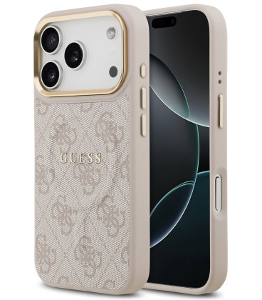 Rožinis dėklas Apple iPhone 17 Pro telefonui "Guess PU Leather 4G Gold Frame MagSafe Case"