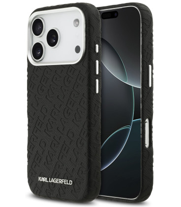 Juodas dėklas Apple iPhone 17 Pro telefonui "Karl Lagerfeld Grained PU Repeated Logo MagSafe Case"