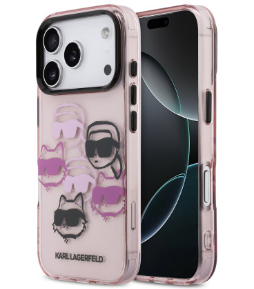 Rožinis dėklas Apple iPhone 17 Pro telefonui "Karl Lagerfeld IML Multi K&CH Heads Case"