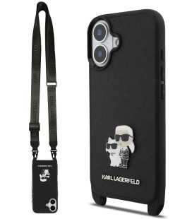 Juodas dėklas Apple iPhone 17 telefonui "Karl Lagerfeld Saffiano Crossbody Strap Metal Karl and Choupette Case"
