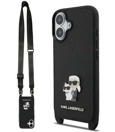Juodas dėklas Apple iPhone 17 telefonui "Karl Lagerfeld Saffiano Crossbody Strap Metal Karl and Choupette Case"