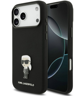 Juodas dėklas Apple iPhone 17 Pro Max telefonui "Karl Lagerfeld Liquid Silicone Metal Ikonik Case"