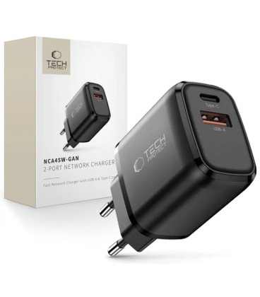 Juodas 1xUSB-A  + 1xUSB-C PD45W / QC3.0 pakrovėjas "Tech-Protect NCA45W-GAN 2-Port"