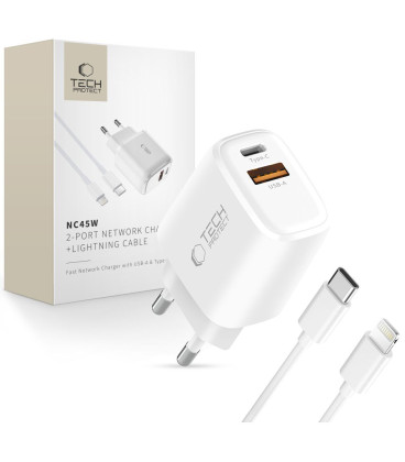Baltas 1xUSB-A + 1xUSB-C PD45W / QC3.0 pakrovėjas + USB-C - Lightning 100cm laidas "Tech-Protect NCA45W-GAN 2-Port"
