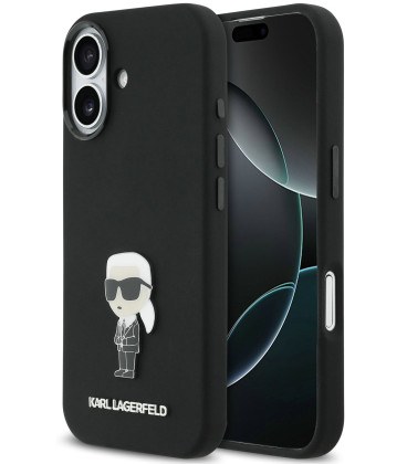 Juodas dėklas Apple iPhone 17 telefonui "Karl Lagerfeld Liquid Silicone Metal Ikonik Case"