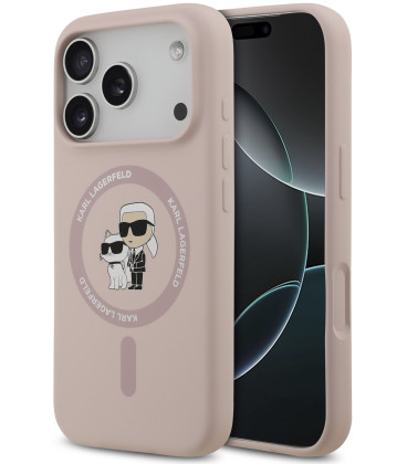 Rožinis dėklas Apple iPhone 17 Pro telefonui "Karl Lagerfeld Liquid Silicone Karl and Choupette MagSafe Case"