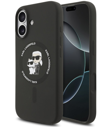 Juodas dėklas Apple iPhone 17 telefonui "Karl Lagerfeld Liquid Silicone Karl and Choupette MagSafe Case"