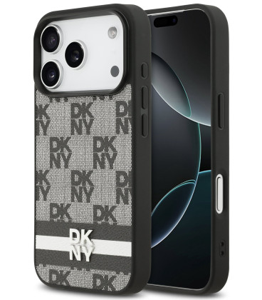Juodas dėklas Apple iPhone 17 Pro telefonui "DKNY PU Leather Checkered Pattern and Stripe Case"