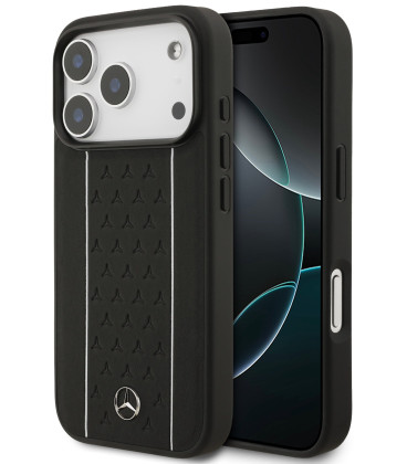 Juodas dėklas Apple iPhone 17 Pro telefonui "Mercedes Leather Star Pattern and Stripes MagSafe Case"