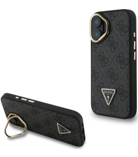 Juodas dėklas Apple iPhone 16 telefonui "Guess PU 4G Strass Triangle Logo Stand Camera Frame MagSafe Case"