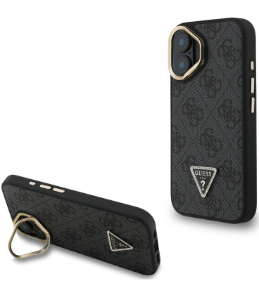 Juodas dėklas Apple iPhone 16 telefonui "Guess PU 4G Strass Triangle Logo Stand Camera Frame MagSafe Case"