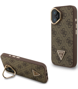 Rudas dėklas Apple iPhone 16 telefonui "Guess PU 4G Strass Triangle Logo Stand Camera Frame MagSafe Case"