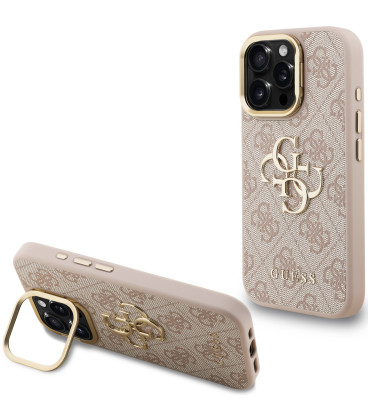Rožinis dėklas Apple iPhone 16 Pro telefonui "Guess PU 4G Metal Logo Stand Camera Frame Case"