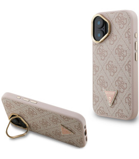 Rožinis dėklas Apple iPhone 16 telefonui "Guess PU 4G Strass Triangle Logo Stand Camera Frame MagSafe Case"