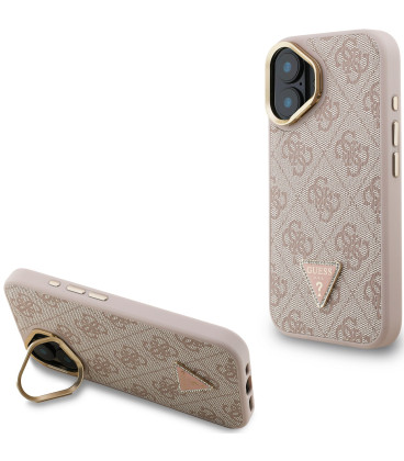 Rožinis dėklas Apple iPhone 16 telefonui "Guess PU 4G Strass Triangle Logo Stand Camera Frame MagSafe Case"