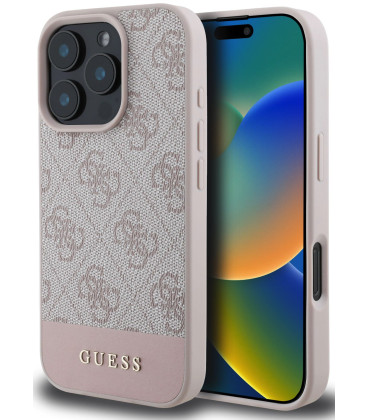 Rožinis dėklas Apple iPhone 16 Pro telefonui "Guess PU 4G Stripe Case"