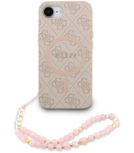 Rožinis dėklas Apple iPhone 16E / 17E telefonui "Guess PU Leather 4G Colored Ring Strap MagSafe Case"