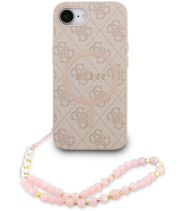 Rožinis dėklas Apple iPhone 16E telefonui "Guess PU Leather 4G Colored Ring Strap MagSafe Case"
