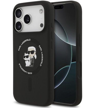 Juodas dėklas Apple iPhone 17 Pro telefonui "Karl Lagerfeld Liquid Silicone Karl and Choupette MagSafe Case"