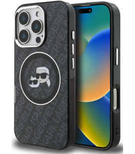 Juodas dėklas Apple iPhone 16 Pro telefonui "Karl Lagerfeld IML K&CH Heads Repeated Logo MagSafe Case"