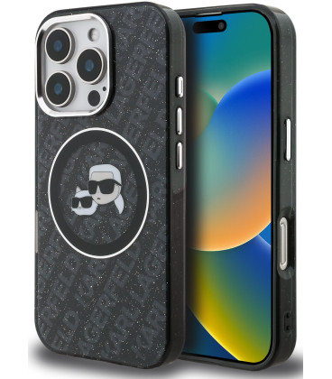 Juodas dėklas Apple iPhone 16 Pro telefonui "Karl Lagerfeld IML K&CH Heads Repeated Logo MagSafe Case"
