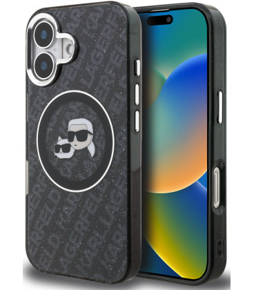 Juodas dėklas Apple iPhone 16 telefonui "Karl Lagerfeld IML K&CH Heads Repeated Logo MagSafe Case"