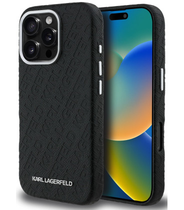 Juodas dėklas Apple iPhone 16 Pro telefonui "Karl Lagerfeld Grained PU Repeated Logo MagSafe Case"