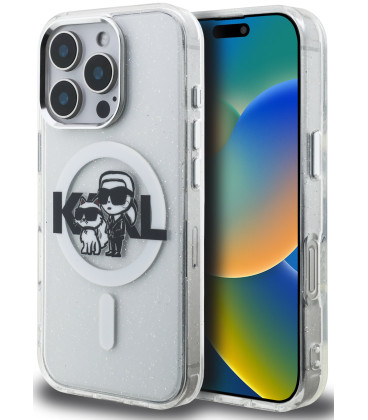Skaidrus dėklas Apple iPhone 16 Pro telefonui "Karl Lagerfeld IML Glitter Karl and Choupette Sketch MagSafe Case"