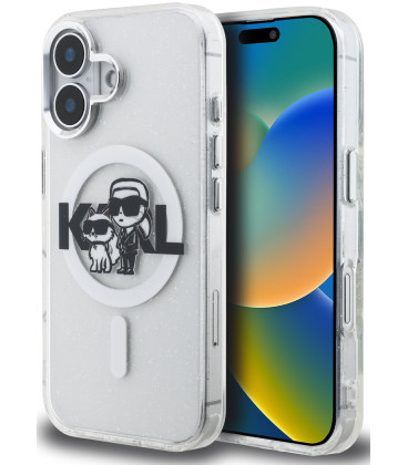 Skaidrus dėklas Apple iPhone 16 telefonui "Karl Lagerfeld IML Glitter Karl and Choupette Sketch MagSafe Case"