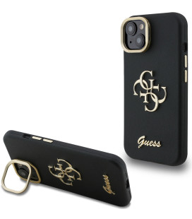 Juodas dėklas Apple iPhone 15 telefonui "Guess PU Grained 4G Logo Stand Camera Frame Case"