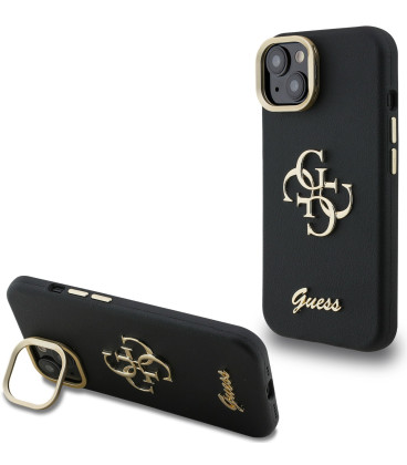 Juodas dėklas Apple iPhone 15 telefonui "Guess PU Grained 4G Logo Stand Camera Frame Case"