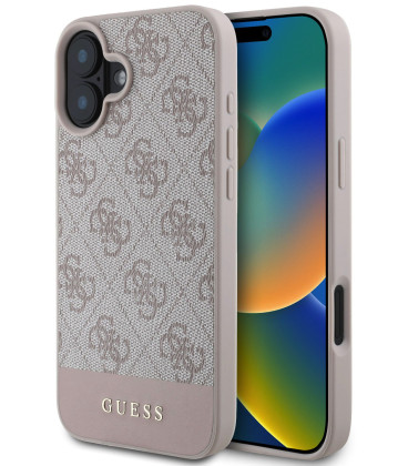 Rožinis dėklas Apple iPhone 16 telefonui "Guess PU 4G Stripe Case