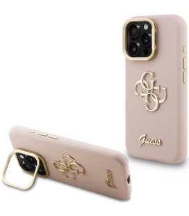 Rožinis dėklas Apple iPhone 16 Pro Max telefonui "Guess PU Grained 4G Logo Stand Camera Frame Case"