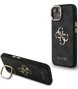 Juodas dėklas Apple iPhone 13 telefonui "Guess PU 4G Metal Logo Stand Camera Frame Case"