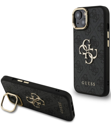 Juodas dėklas Apple iPhone 13 telefonui "Guess PU 4G Metal Logo Stand Camera Frame Case"