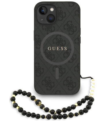 Juodas dėklas Apple iPhone 14 telefonui "Guess PU Leather 4G Colored Ring Strap MagSafe Case"