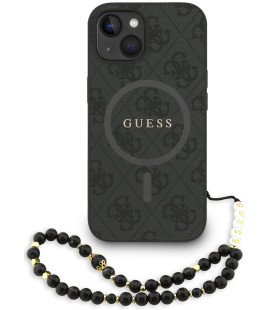 Juodas dėklas Apple iPhone 15 telefonui "Guess PU Leather 4G Colored Ring Strap MagSafe Case"