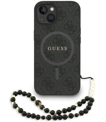 Juodas dėklas Apple iPhone 15 telefonui "Guess PU Leather 4G Colored Ring Strap MagSafe Case"