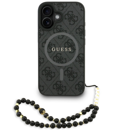 Juodas dėklas Apple iPhone 16 telefonui "Guess PU Leather 4G Colored Ring Strap MagSafe Case"