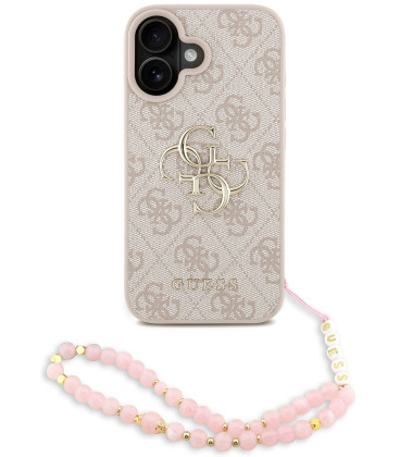 Rožinis dėklas Apple iPhone 16 telefonui "Guess PU 4G Metal Logo Strap Case"