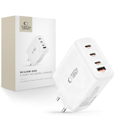Baltas 1xUSB-A + 3xUSB-C PD120W / QC3.0 pakrovėjas "Tech-Protect NC120W-GAN 4-Port"