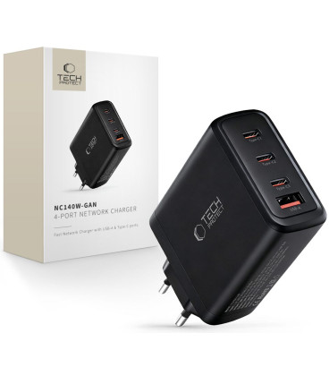 Juodas 1xUSB-A + 3xUSB-C PD140W / QC3.0 pakrovėjas "Tech-Protect NC140W-GAN 4-Port"