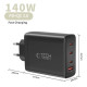 Juodas 1xUSB-A + 3xUSB-C PD140W / QC3.0 pakrovėjas "Tech-Protect NC140W-GAN 4-Port"