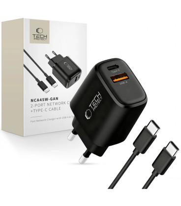 Juodas 1xUSB-A + 1xUSB-C PD45W / QC3.0 pakrovėjas + USB-C - USB-C 100cm laidas "Tech-Protect NCA45W-GAN 2-Port"