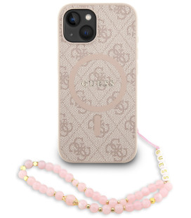 Rožinis dėklas Apple iPhone 14 telefonui "Guess PU Leather 4G Colored Ring Strap MagSafe Case"