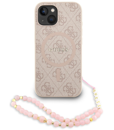 Rožinis dėklas Apple iPhone 14 telefonui "Guess PU Leather 4G Colored Ring Strap MagSafe Case"