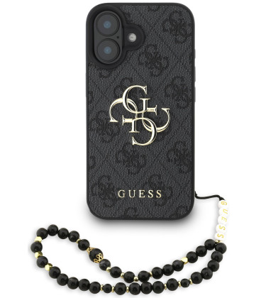 Juodas dėklas Apple iPhone 16 telefonui "Guess PU 4G Metal Logo Strap Case"
