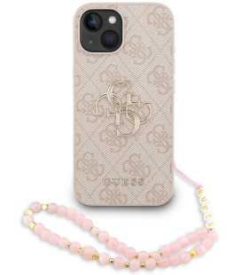 Rožinis dėklas Apple iPhone 15 telefonui "Guess PU 4G Metal Logo Strap Case"