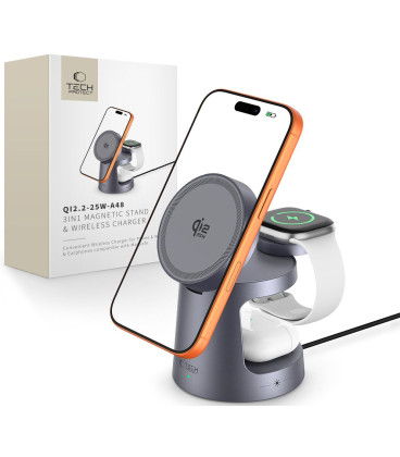 Pilkas belaidis 25W pakrovėjas - stovas "Tech-Protect QI2.2-25W-A48 3in1 Magnetic Magsafe"